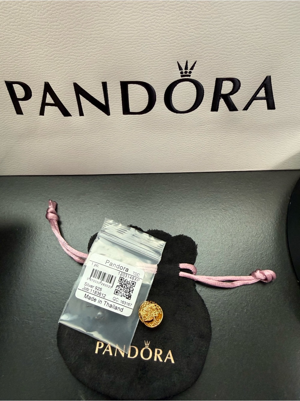 Pandora Gold Family Quote Charm with Pink Drawstring Pouch